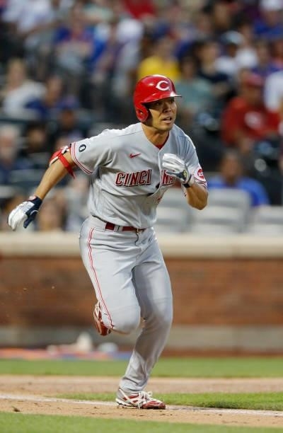 Shogo Akiyama of the Cincinnati Reds singles during the third inning against the New York Mets at Citi Field on July 31, 2021 in New York City. The...
