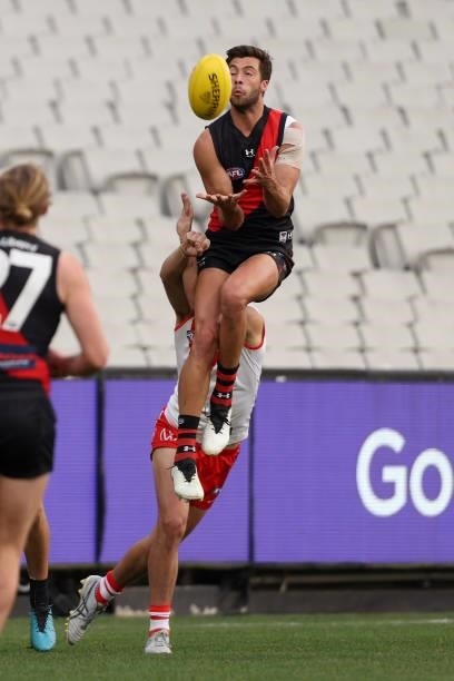 Kyle Langford of the Bombers takes a mark during the round 20 AFL match between Essendon Bombers and Sydney Swans at Melbourne Cricket Ground on...