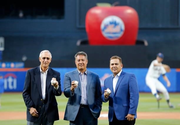 New York Mets Hall of Fame inductees Jon Matlack, Ron Darling and Edgardo Alfonzo pose for a photograph prior to a game against the Cincinnati Reds...