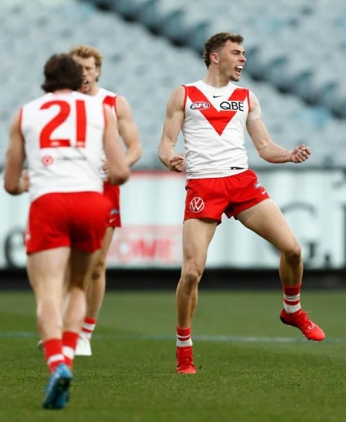 Will Hayward of the Swans celebrates a goal during the round 20 AFL match between Essendon Bombers and Sydney Swans at Melbourne Cricket Ground on...