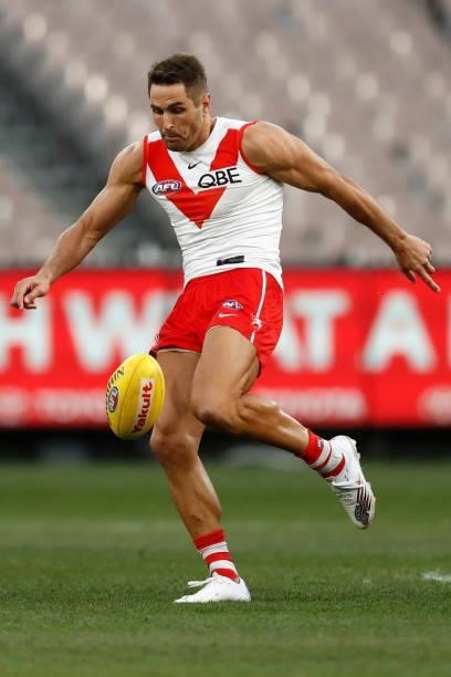 Josh P. Kennedy of the Swans kicks the ball during the round 20 AFL match between Essendon Bombers and Sydney Swans at Melbourne Cricket Ground on...