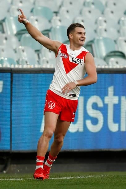 Tom Papley of the Swans celebrates a goal during the round 20 AFL match between Essendon Bombers and Sydney Swans at Melbourne Cricket Ground on...