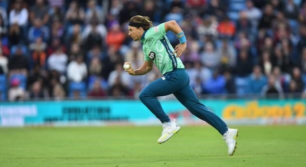 Tom Curran of Oval Invincibles bowls during The Hundred match between Northern Superchargers Men and Oval Invincibles Men at Emerald Headingley...