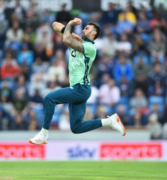 Reece Topley of Oval Invincibles bowls during The Hundred match between Northern Superchargers Men and Oval Invincibles Men at Emerald Headingley...