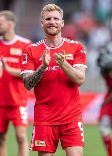 Andreas Voglsammer of 1.FC Union Berlin celebrates with his fans after winning the pre-season friendly match between 1. FC Union Berlin and Athletic...