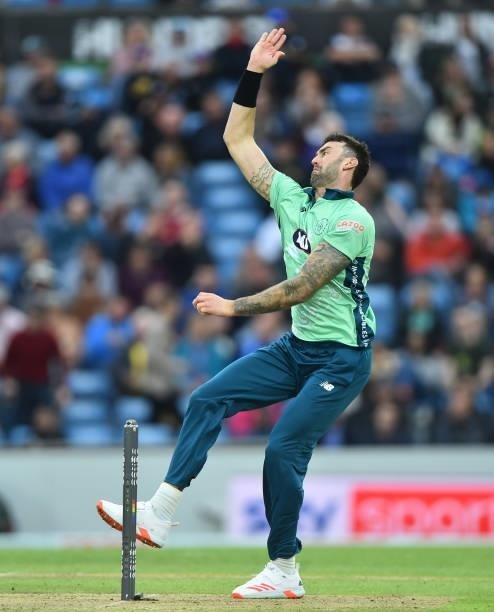 Reece Topley of Oval Invincibles bowls during The Hundred match between Northern Superchargers Men and Oval Invincibles Men at Emerald Headingley...