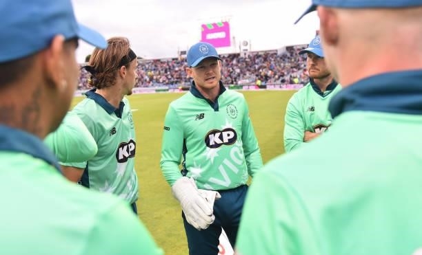 Sam Billings of Oval Invincibles leads a team talk before The Hundred match between Northern Superchargers Men and Oval Invincibles Men at Emerald...