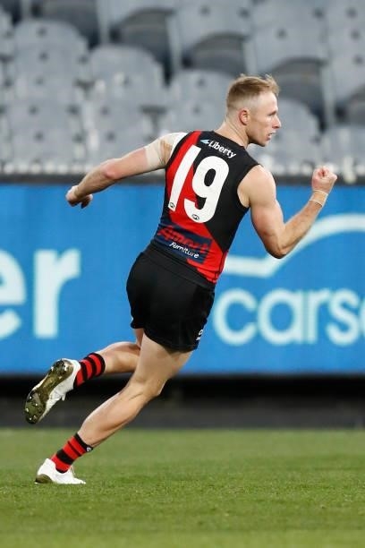 Nick Hind of the Bombers celebrates a goal during the round 20 AFL match between Essendon Bombers and Sydney Swans at Melbourne Cricket Ground on...