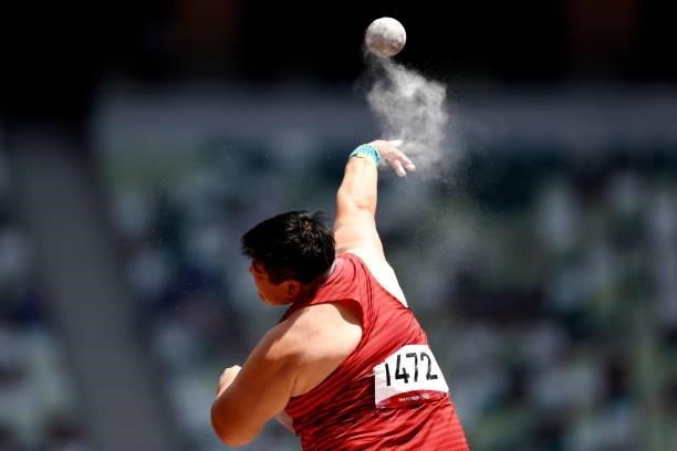 Gong Lijiao of China competes in the Women's Shot Put Final on day nine of the Tokyo 2020 Olympic Games at Olympic Stadium on August 1, 2021 in...