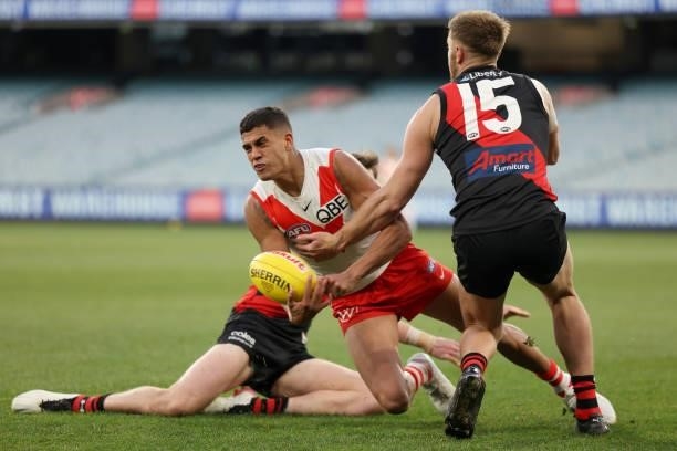 James Bell of the Swans in action during the round 20 AFL match between Essendon Bombers and Sydney Swans at Melbourne Cricket Ground on August 01,...