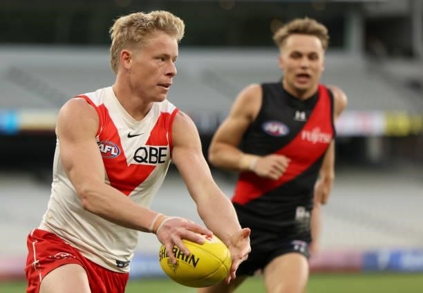 Isaac Heeney of the Swans in action during the round 20 AFL match between Essendon Bombers and Sydney Swans at Melbourne Cricket Ground on August 01,...
