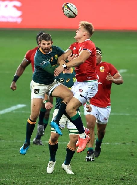 Duhan van der Merwe of the Lions attempts to gather the ball as Willie le Roux challenges during the 2nd test match between South Africa Springboks...