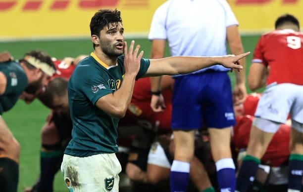 Damian de Allende of South Africa shouts instructions during the 2nd test match between South Africa Springboks and the British & Irish Lions at Cape...