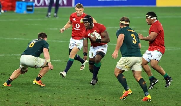 Maro Itoje of the Lions charges upfield during the 2nd test match between South Africa Springboks and the British & Irish Lions at Cape Town Stadium...