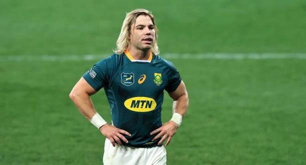 Faf de Klerk of South Africa looks on during the 2nd test match between South Africa Springboks and the British & Irish Lions at Cape Town Stadium on...