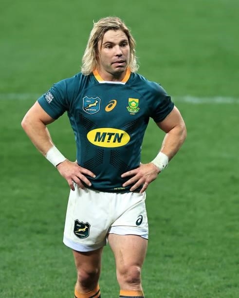 Faf de Klerk of South Africa looks on during the 2nd test match between South Africa Springboks and the British & Irish Lions at Cape Town Stadium on...