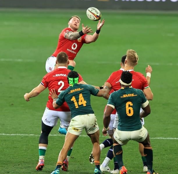Stuart Hogg of the Lions attempts to catch the high ball during the 2nd test match between South Africa Springboks and the British & Irish Lions at...