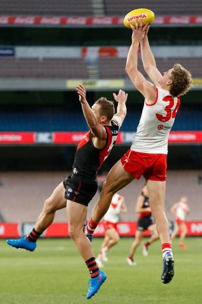 Jordan Dawson of the Swans marks the ball during the round 20 AFL match between Essendon Bombers and Sydney Swans at Melbourne Cricket Ground on...