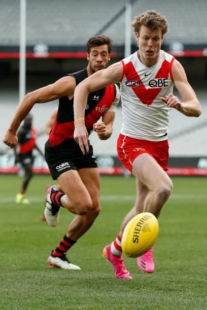 Nick Blakey of the Swans chases the ball during the round 20 AFL match between Essendon Bombers and Sydney Swans at Melbourne Cricket Ground on...