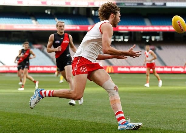 Tom Hickey of the Swans marks the ball during the round 20 AFL match between Essendon Bombers and Sydney Swans at Melbourne Cricket Ground on August...