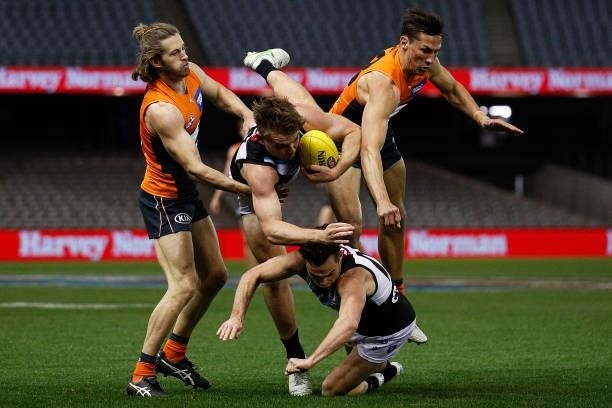 Ollie Wines of the Power takes a high contested mark during the round 20 AFL match between Greater Western Sydney Giants and Port Adelaide Power at...