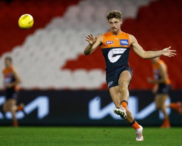 James Peatling of the Giants kicks the ball during the round 20 AFL match between Greater Western Sydney Giants and Port Adelaide Power at Marvel...