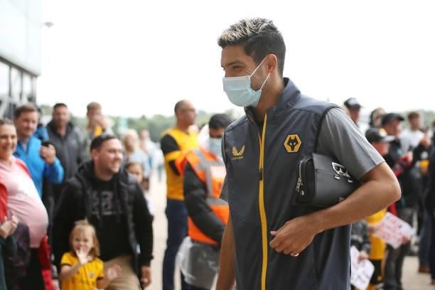 Raul Jimenez of Wolverhampton Wanderers is seen wearing a face mask as he arrives at the stadium prior to the Pre-Season friendly match between...