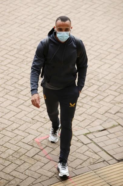 Fernando Marcal of Wolverhampton Wanderers is seen wearing a face mask as he arrives at the stadium prior to the Pre-Season friendly match between...