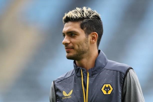 Raul Jimenez of Wolverhampton Wanderers looks on as he inspects the pitch prior to the Pre-Season friendly match between Coventry City and...
