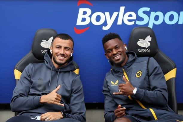 Romain Saiss and Nelson Semedo of Wolverhampton Wanderers pose for a photograph prior to the Pre-Season friendly match between Coventry City and...