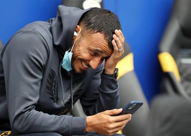 Romain Saiss of Wolverhampton Wanderers reacts on the bench prior to the Pre-Season friendly match between Coventry City and Wolverhampton Wanderers...