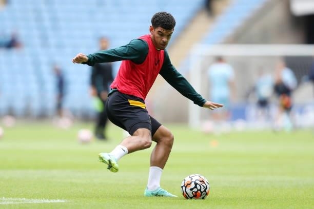 Morgan Gibbs-White of Wolverhampton Wanderers warms up prior to the Pre-Season friendly match between Coventry City and Wolverhampton Wanderers at...