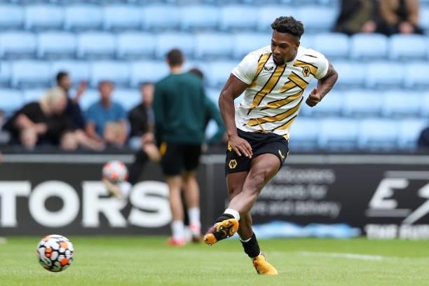 Adama Traore of Wolverhampton Wanderers shoots as he warms up prior to the Pre-Season friendly match between Coventry City and Wolverhampton...