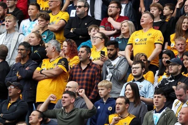 Fans of Wolverhampton Wanderers show their support prior to the Pre-Season friendly match between Coventry City and Wolverhampton Wanderers at Ricoh...
