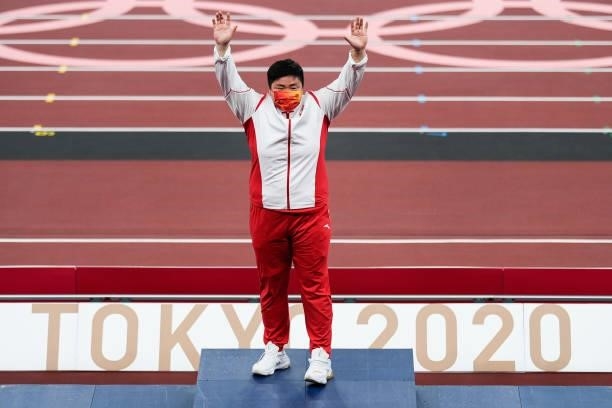 Gold medalist Gong Lijiao of China poses on the podium during the medal ceremony for the Women's Shot Put Final on day nine of the Tokyo 2020 Olympic...
