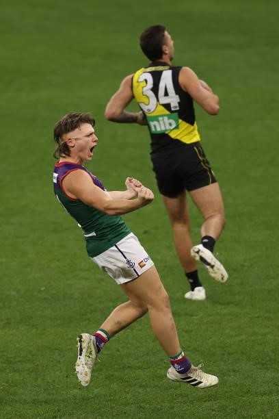 Caleb Serong of the Dockers celebrates a goal during the round 20 AFL match between Fremantle Dockers and Richmond Tigers at Optus Stadium on August...