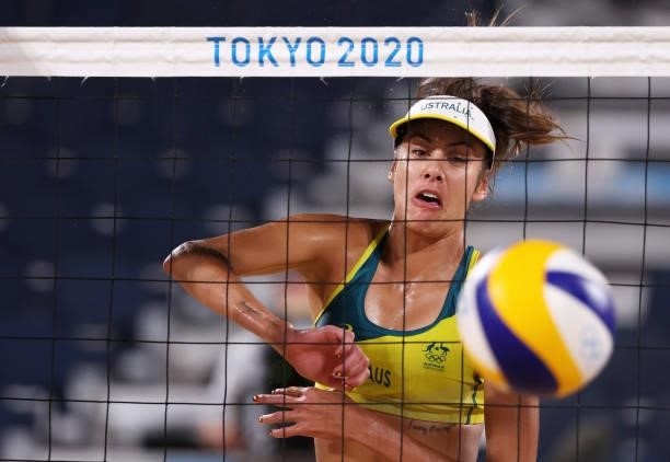 Taliqua Clancy of Team Australia competes against Team China during the Women's Round of 16 beach volleyball on day nine of the Tokyo 2020 Olympic...
