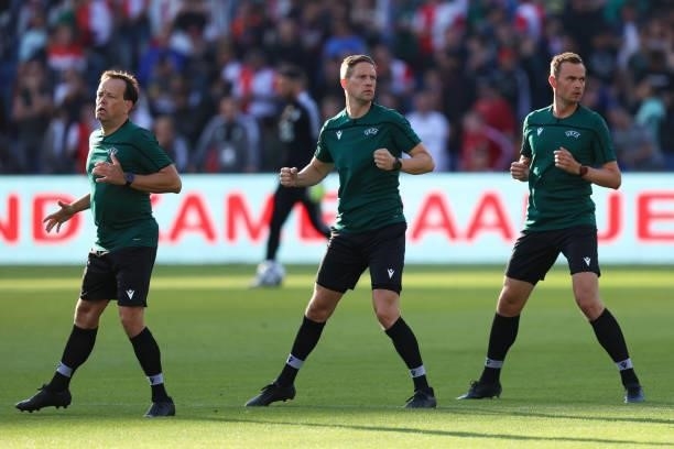 Referee Espen Eskas, assistant referee Kim Thomas Haglund, assistant referee Oystein Ytterland during the UEFA Europa Conference League second...