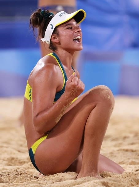 Mariafe Artacho del Solar of Team Australia reacts as she competes against Team China during the Women's Round of 16 beach volleyball on day nine of...