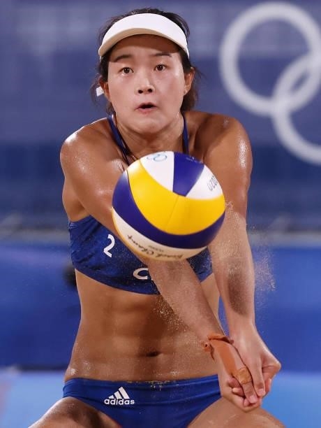 Xinxin Wang of Team China competes against Team Australia during the Women's Round of 16 beach volleyball on day nine of the Tokyo 2020 Olympic Games...