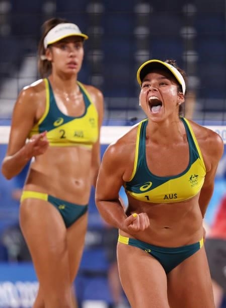 Mariafe Artacho del Solar and Taliqua Clancy of Team Australia react as they compete against Team China during the Women's Round of 16 beach...