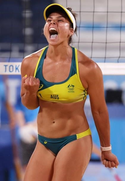 Mariafe Artacho del Solar of Team Australia reacts as she competes against Team China during the Women's Round of 16 beach volleyball on day nine of...