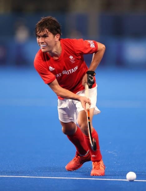 James Richard Gall of Team Great Britain passes the ball during the Men's Quarterfinal match between India and Great Britain on day nine of the Tokyo...