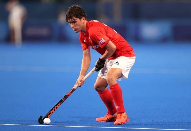 James Richard Gall of Team Great Britain passes the ball during the Men's Quarterfinal match between India and Great Britain on day nine of the Tokyo...