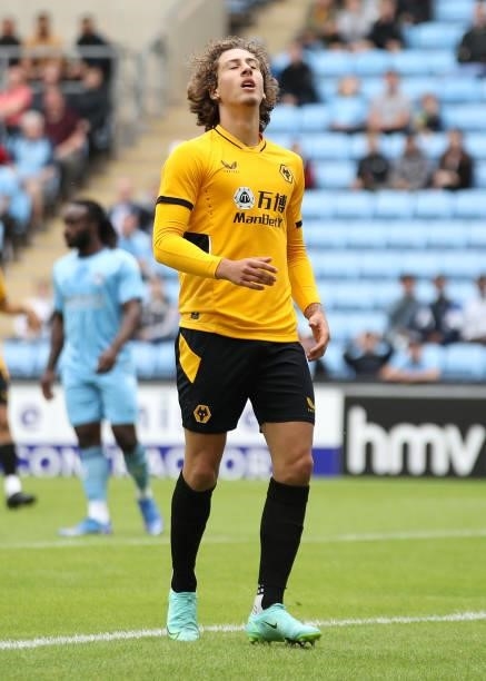Fabio Silva of Wolverhampton Wanderers reacts after a missed chance during the Pre-Season friendly match between Coventry City and Wolverhampton...