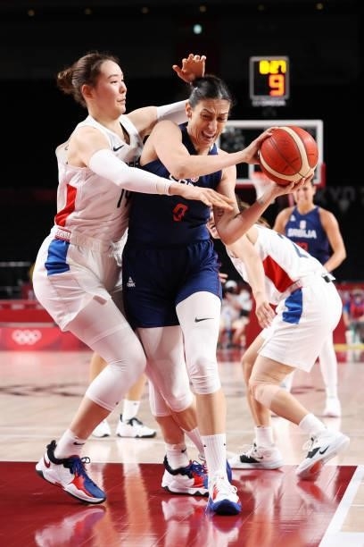 Jelena Brooks of Team Serbia drives to the basket against h19 during the second half of a Women's Basketball Preliminary Round Group A game at...
