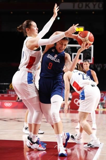 Jelena Brooks of Team Serbia drives to the basket against h19 during the second half of a Women's Basketball Preliminary Round Group A game at...