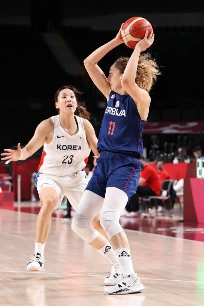 Aleksandra Crvendakic of Team Serbia looks to pass the ball as she's pressured by Danbi Kim of Team South Korea during the second half of a Women's...