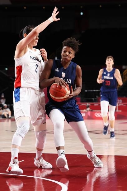 Yvonne Anderson of Team Serbia drives to the basket against Leeseul Kang of Team South Korea during the second half of a Women's Basketball...