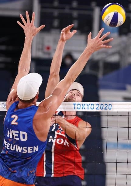 Anders Berntsen Mol of Team Norway competes against Robert Meeuwsen during the Men's Round of 16 beach volleyball on day nine of the Tokyo 2020...